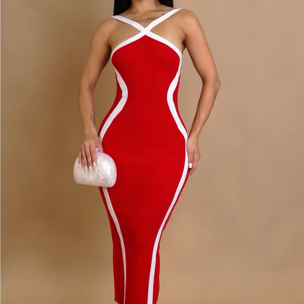 Red and White Halter Bodycon Midi Dress